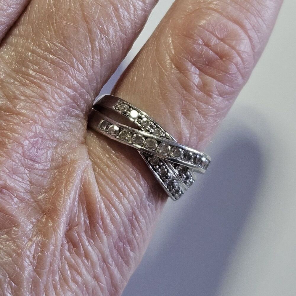 Vintage Sterling Silver Clear Rhinestone Criss Cross Ring Size 7.25